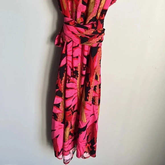 NEW J Crew Luxurious Red Gold Burgundy Palm Faux Wrap Midi Dress - Picture 11 of 13